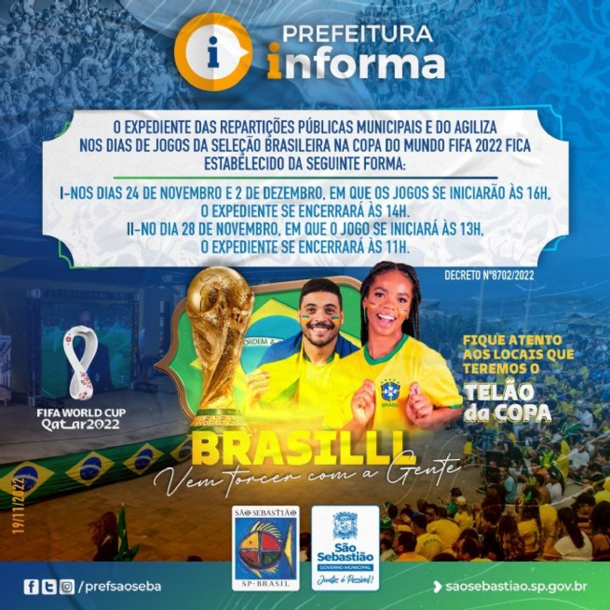 Horários especiais das repartições nos jogos do Brasil na Copa do