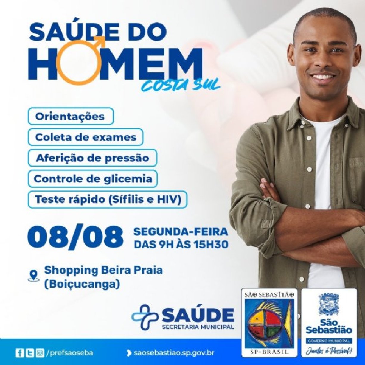 Prefeitura realiza evento de promoção à Saúde do Homem nesta segunda-feira (8) no Shopping Beira Praia, em Boiçucanga